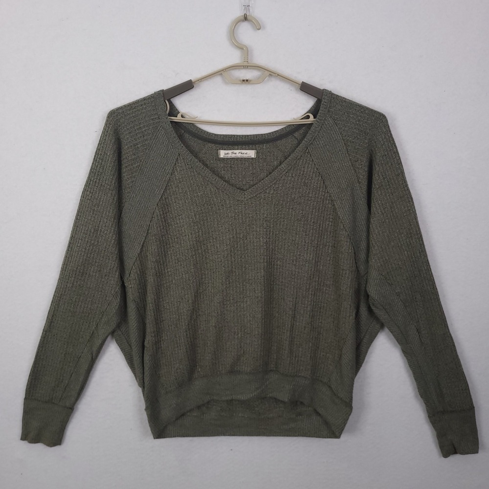 We The Free Thermal Top Womens M Olive Green oversized Knit Dolman Sleeve V-Neck